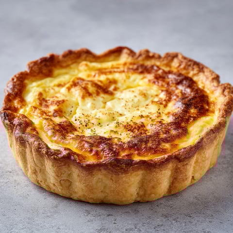 Une quiche soufflée fromage muscade attend d’être dégustée sur un joli plateau.
