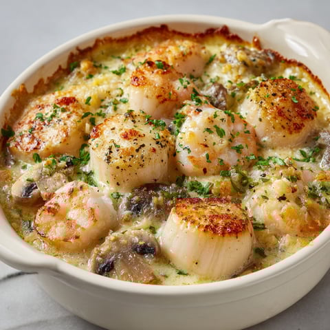 On aperçoit des cassolettes de Saint-Jacques toutes dorées, servies dans une jolie porcelaine.